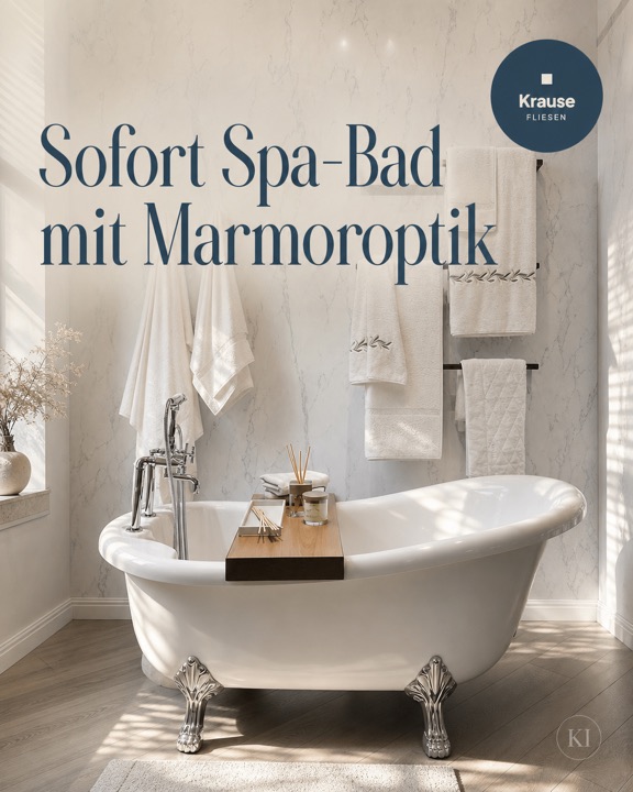 Badsanierung: freistehende Wanne in Marmoroptik – Instagram-Beitrag Fliesenleger